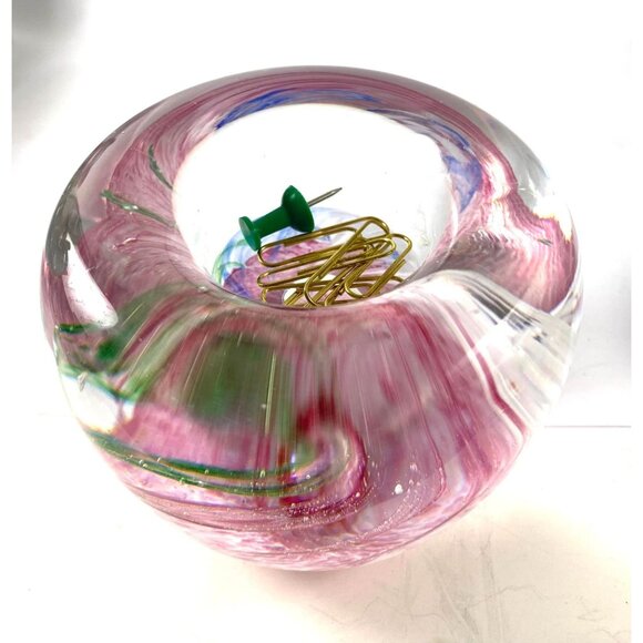 Handcrafted Multicolor Swirl Art Glass Paperweight Desk Accessory Paperclip - Picture 7 of 9